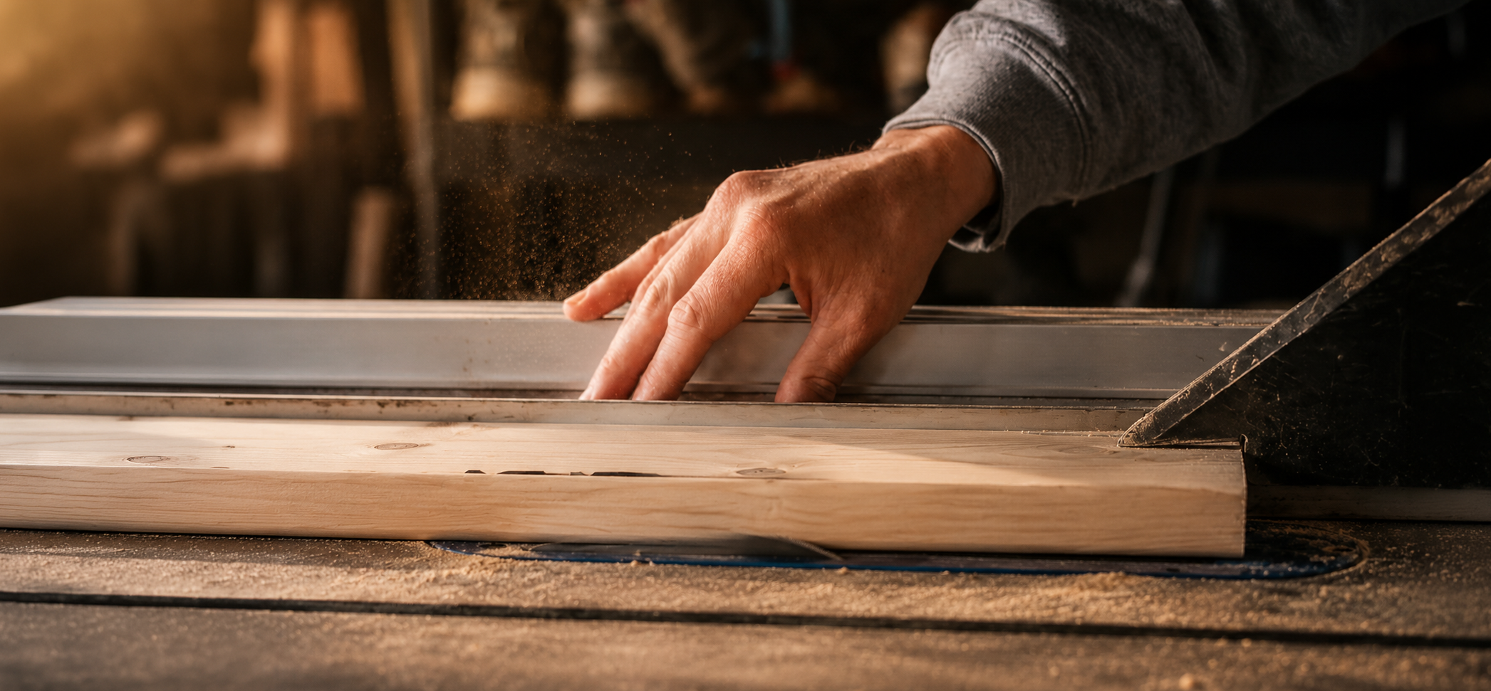 Michael Troutman cutting a board on a table saw in his Kentucky woodworking shop