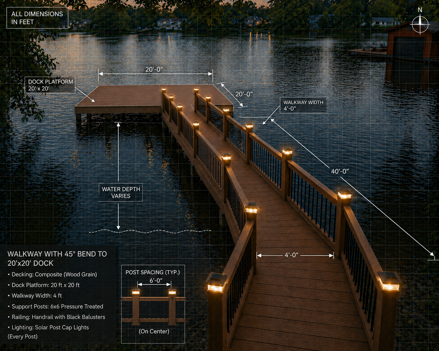 Custom carpentry design plan with dimensions for a 20x20 lakeside dock and walkway
