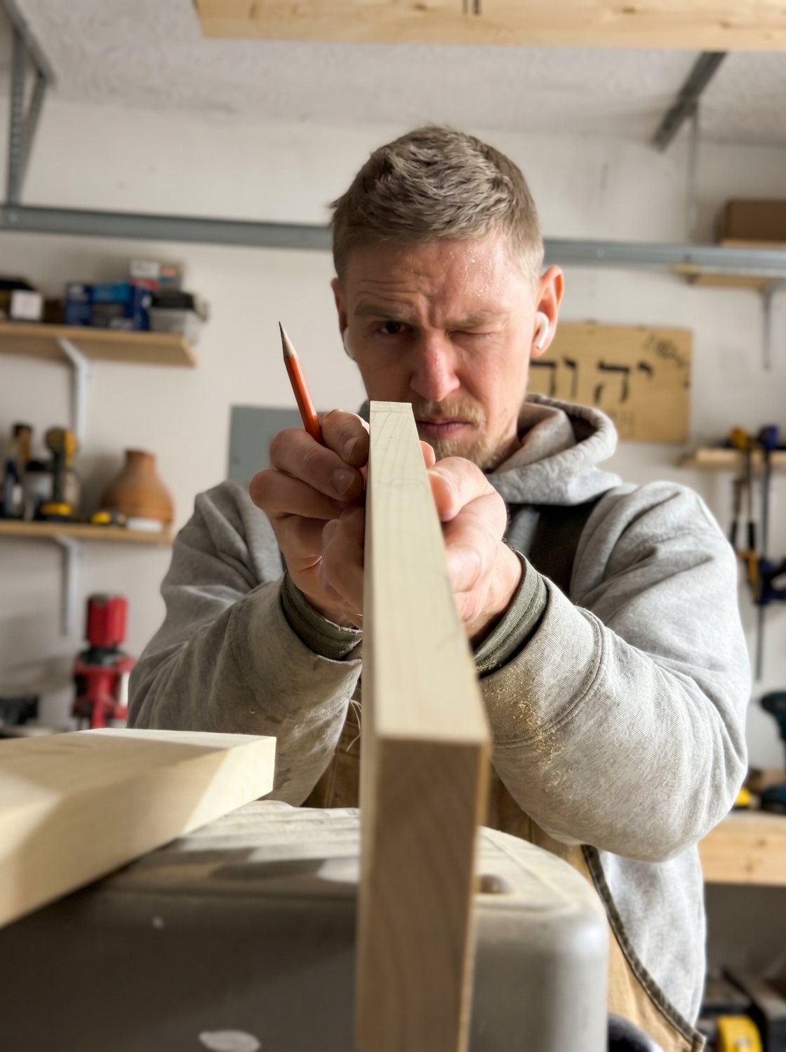 Michael Troutman, custom carpenter and woodworker in Kentucky, marking a board in his workshop